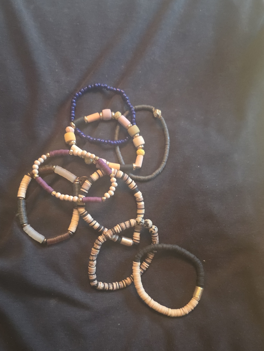 Handmade Neutral & Purple Beaded Stretch Bracelet Set